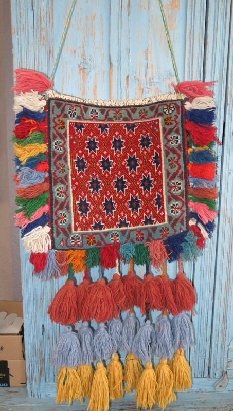 VINTAGE HAND KNOTTED TAPESTRY WOOL CARPET SALT BAG HANGING TASSELS gallery
