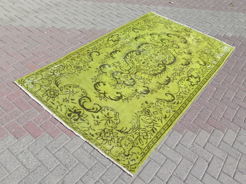 Vintage Rug, Area Rugs, Handmade Carpet, Green Overdyed Rug, Wool Rug 61"x105" gallery