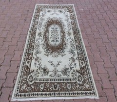 Turkish Cream Accent Rug Anatolian Vintage Hand Knotted Oriental Carpet 4×8 ft