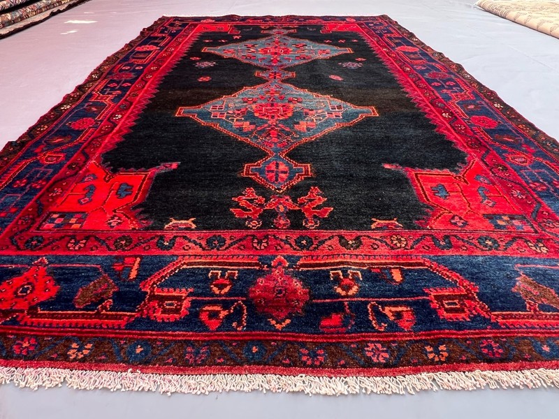 Vintage 4'9x8'5 ft Afghan Handwoven Wool Tribal Geometric Red Blue Area Rug gallery