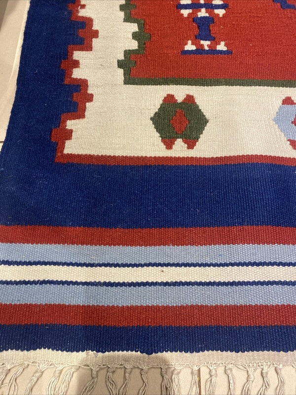 Turkish Kilim Rug Authentic Flat weave Wool Vintage Blue Red 93 Cm x 201 Cm gallery