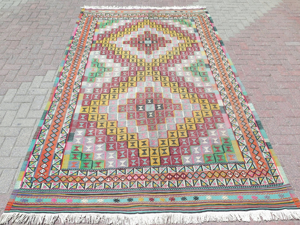 Vintage Turkish Rug, Area Rugs, Large Kilim, Wool Rug, Floor Rug Carpet 75"x122"