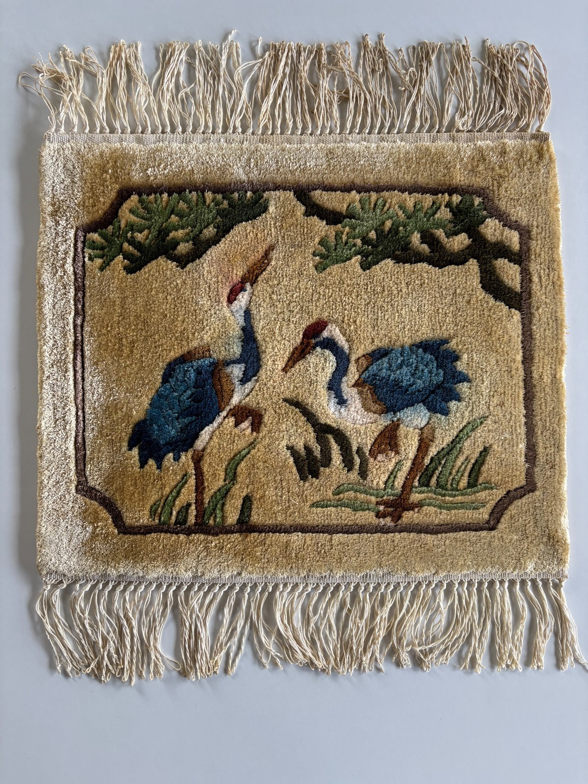 Vintage Pine & Crane Chinese small Silk Rug/Wall Hanging, birds & trees, no tags gallery