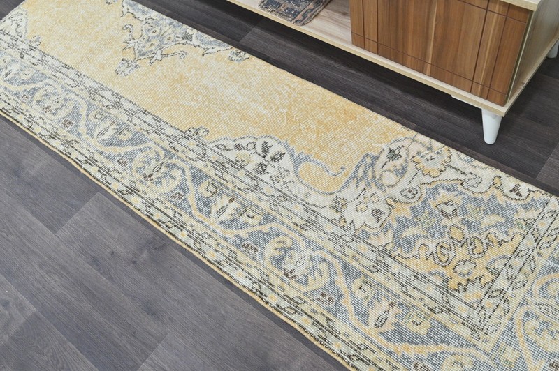 Vintage Turkish Runner Rug 2x7ft BEIGE Handmade Anatolian Oushak Hallway Wool gallery