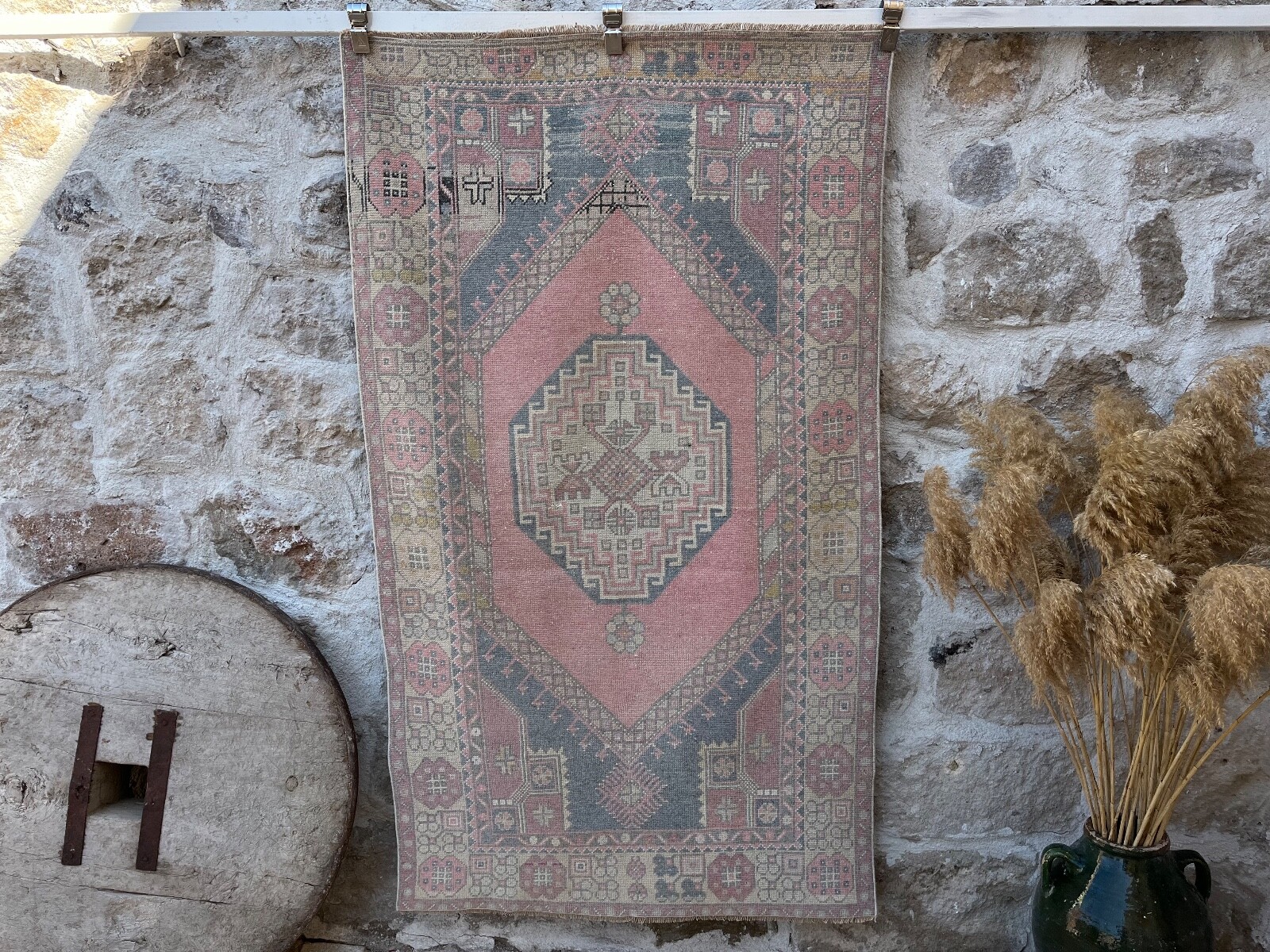 Vintage Area Hand-Woven Carpet 4x6 Pink Wool Oriental Rug Anatolian Medium Size gallery