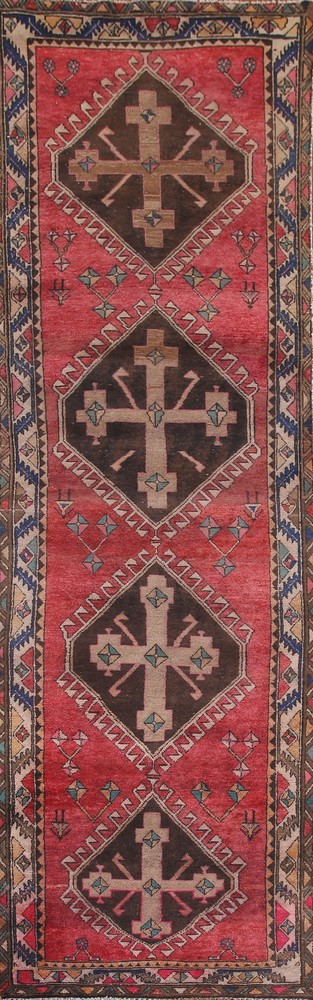 Vintage Geometric Handmade Wool 13 ft Runner Rug Wool Hallway Carpet 3x13