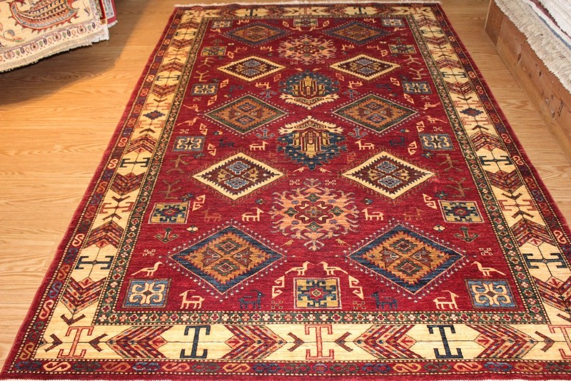 9' X 6' AUTHENTIC Handmade Rug Caucasian Kazak Design From Afghanistan Red color gallery