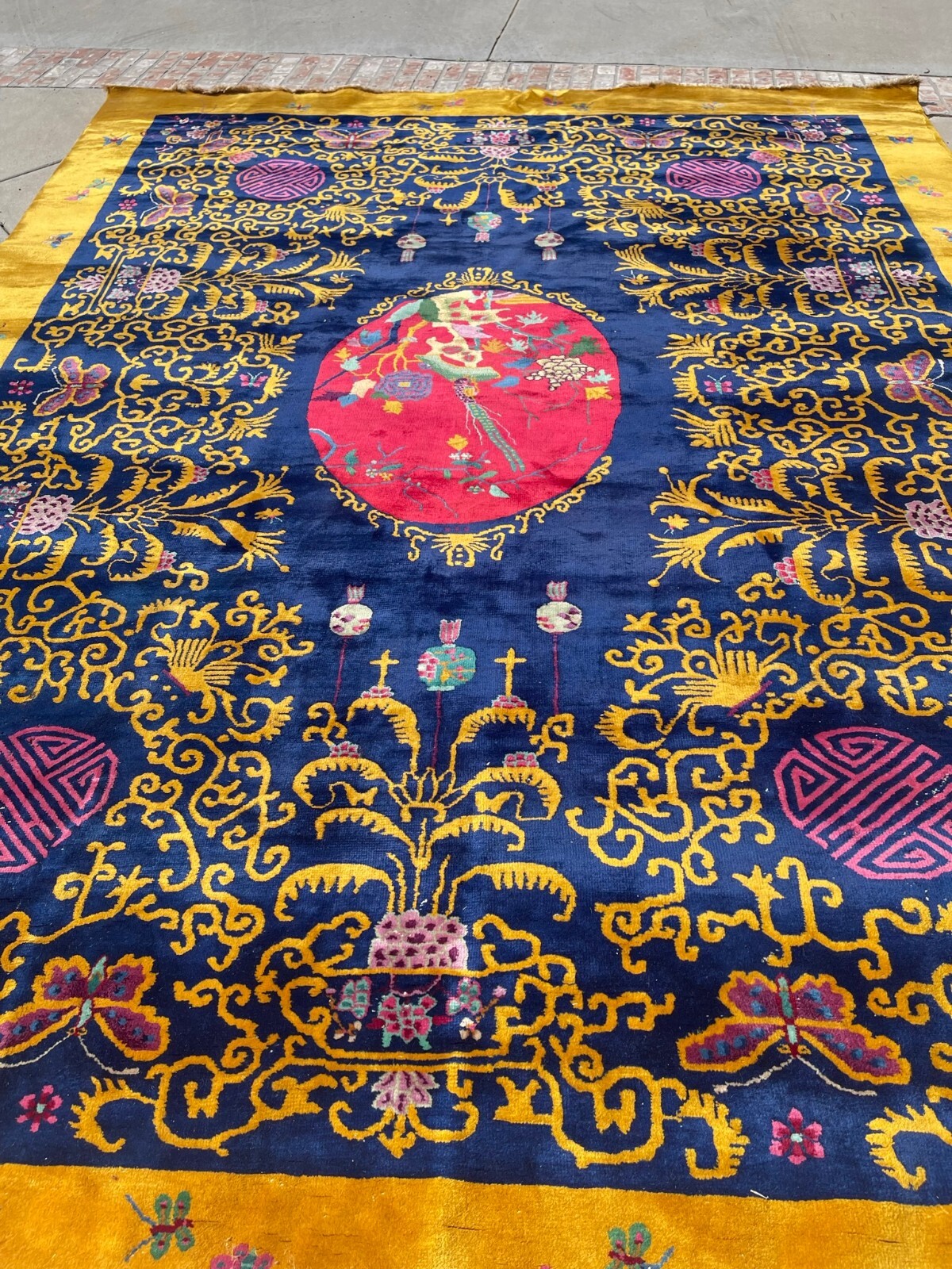 ANTIQUE CHINESE ART DECO RUG BLUE AND GOLD gallery