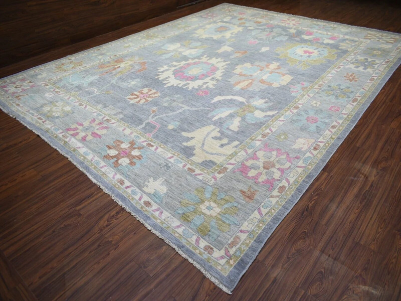 12'x15'4" Cadet Gray, Hand Knitted Angora Oushak with Colorful Motifs, Wool Rug gallery