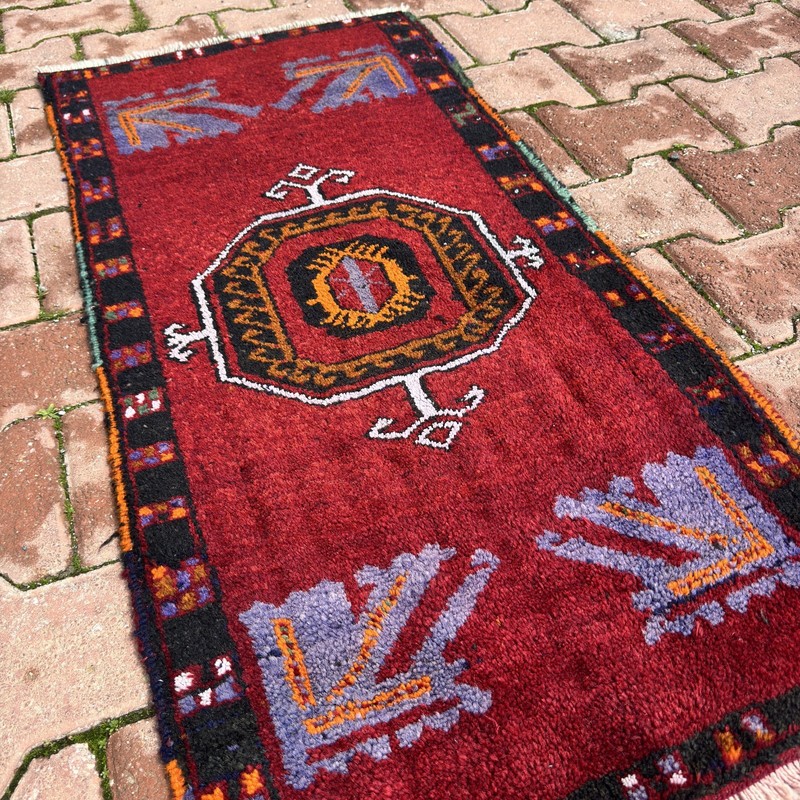 2x4 Ruby Red Black Lavender Turkish Vintage Wool Handmade Rug - Tariff Free gallery