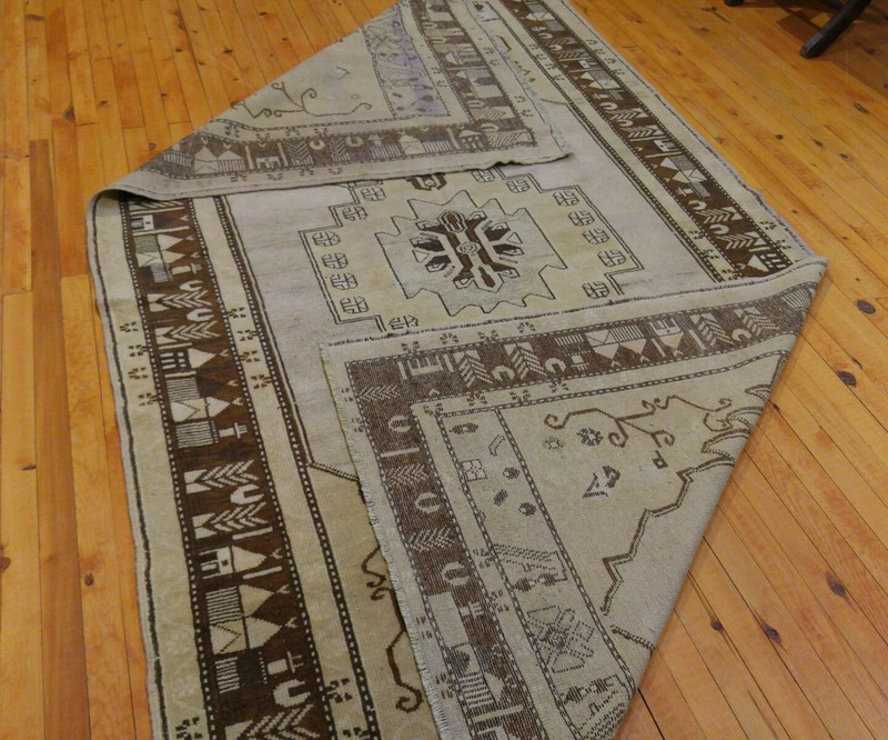 Rare Antique Ca1900-1939s Ivory-Gold Colors Wool Pile Rug 4’7”x 8’7” gallery