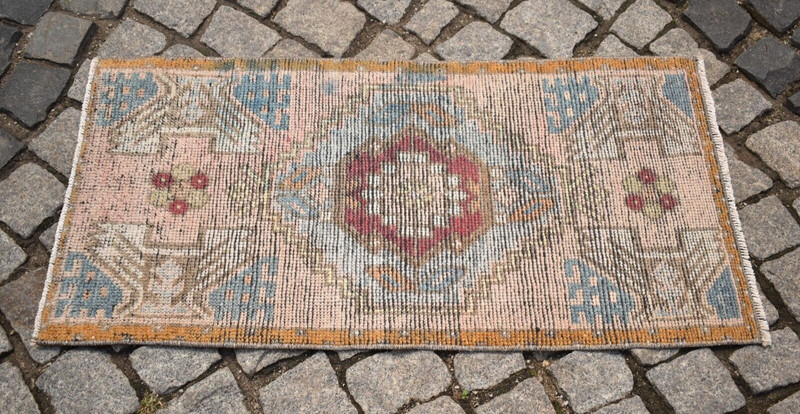 Turkish Rug 18'' x 37'' Vintage Anatolian Hand Knotted Oushak Rug Muted Dye Rug gallery