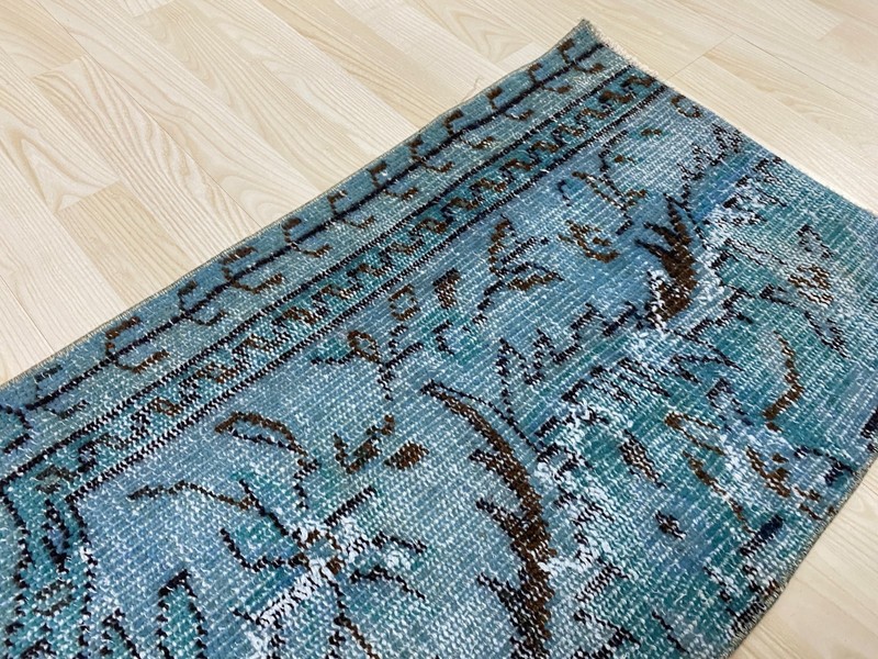 Vintage Anatolian Rug 1.6x3.1 ft Antique Teal Blue Distressed Wool Carpet Mat gallery