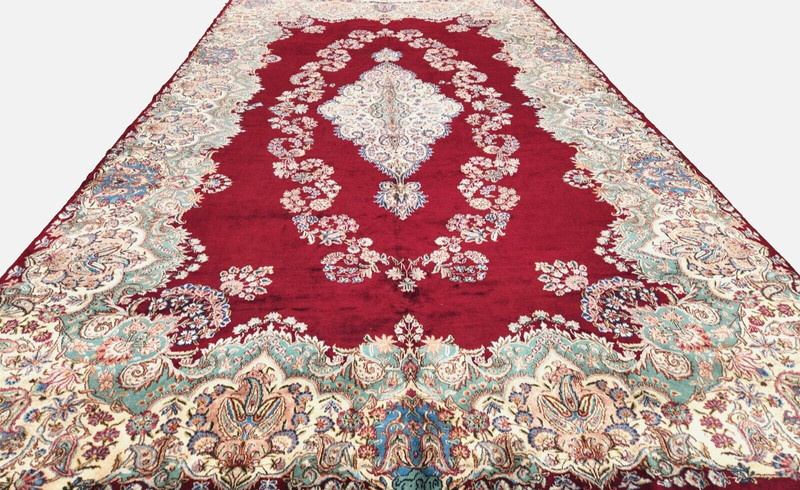 8'10'X16'7 ANTIQUE HAND-KNOTTED KERMANI KASHANI VINTAGE WOOL RED RUG gallery