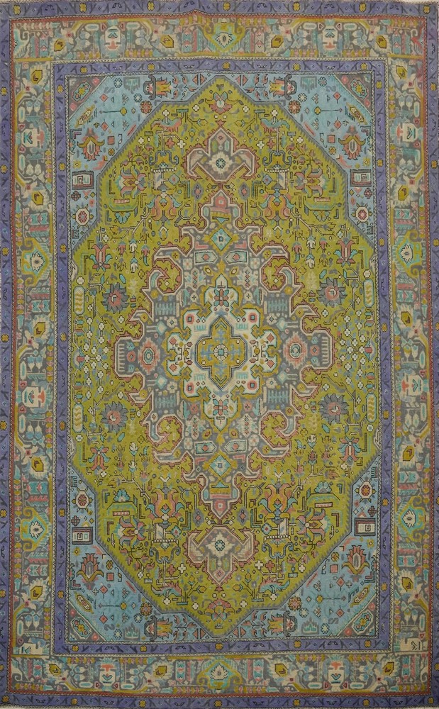 Pistachio Green Over-Dyed Hand-made Wool Traditional Living Room Area Rug 6x9
