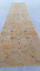 3×11 Antique Old Oushak Rug Floral Beige Distressed Runner Rug Oriental Carpet