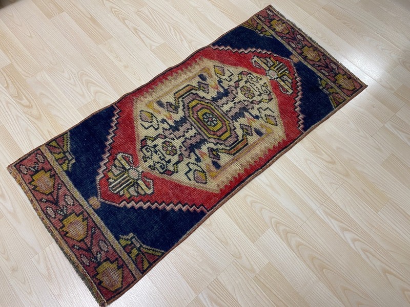 Antique Turkish Rug 1.5x3.4 ft Vintage Navy Red Tribal Small Carpet Boho Mat gallery