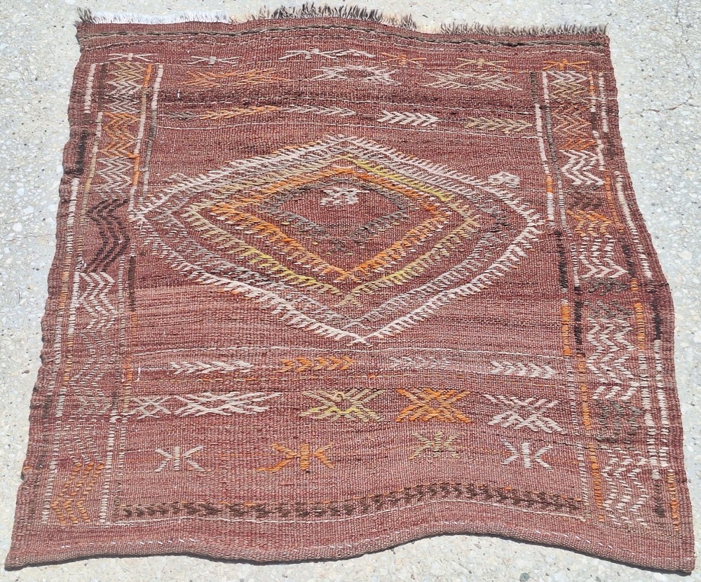 1950s Primitive Kilim Art, Turkish Hand Woven Area Rug, Bohemian Nomad Textile