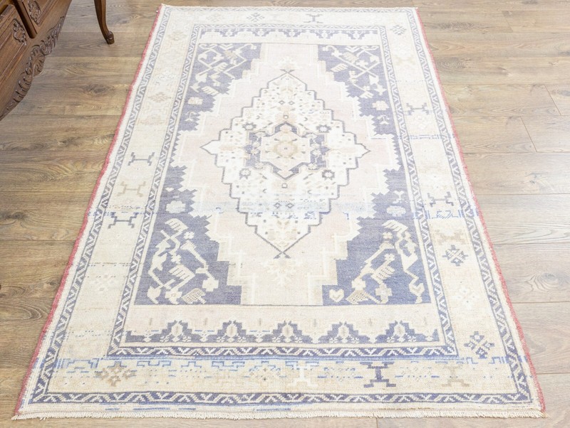 Muted Vintage Turkish Pink Blue Rug 3.11x6 ft Oushak Hand Knotted Wool Carpet gallery
