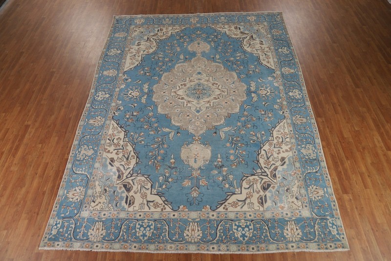 Blue Room Size Area Rug 9x13 Over-Dyed Wool Handmade Floral Classic Carpet gallery