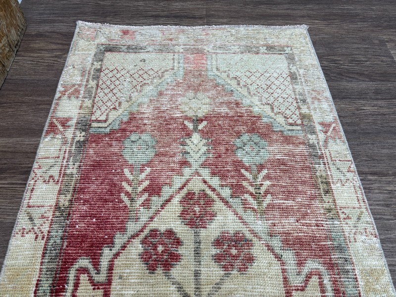 2x5 Vintage Turkish Runner Rug, Hand-Knotted Wool Rug, Red Green Small Oushak gallery