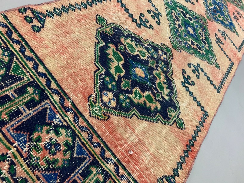 Distressed Turkish Runner 360x79 cm wool Vintage Tribal Rug Pink Green gallery