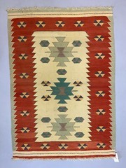 Small Vintage Turkish Kilim 146×102 cm Wool Kelim Rug Red Green Beige Yellow