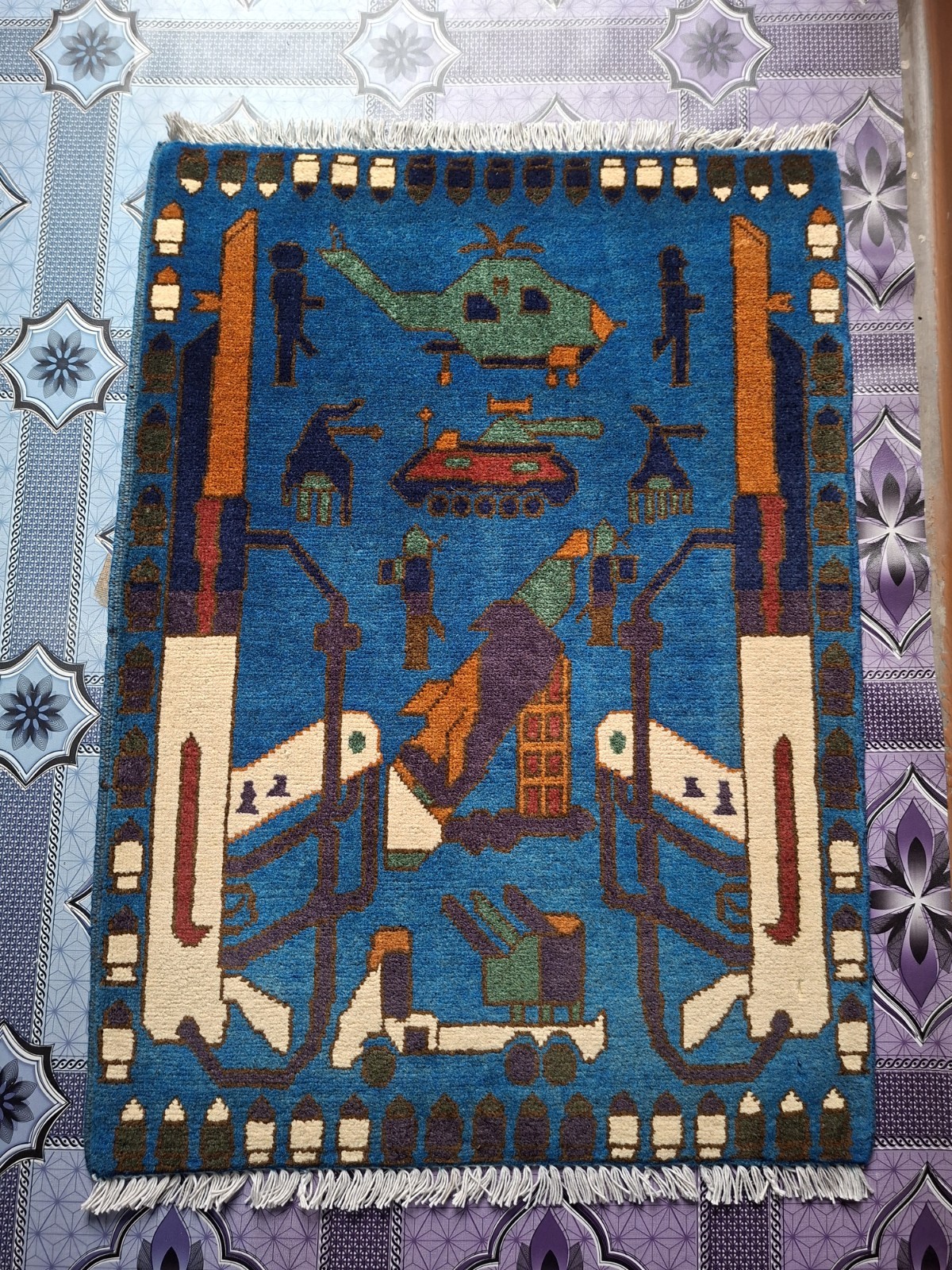 S108 War Rug Handmade Knotted Afghan Tribal Vintage Pictorial 9/11 Rug 86×63 Cm gallery