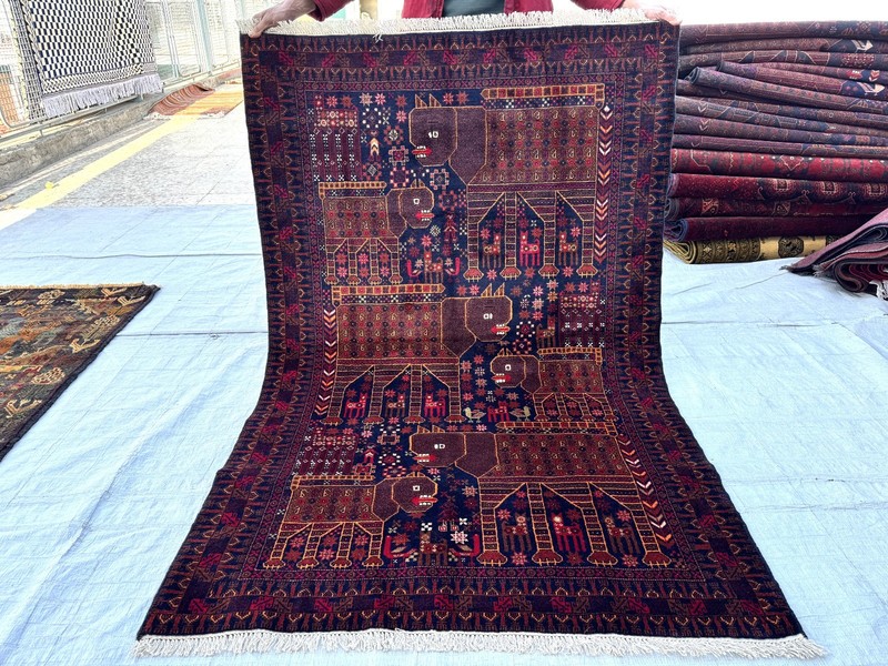 Hand Knotted Afghan Vintage Area Rug 4x6 ft Blue Baluchi Pictorial Animal Carpet gallery
