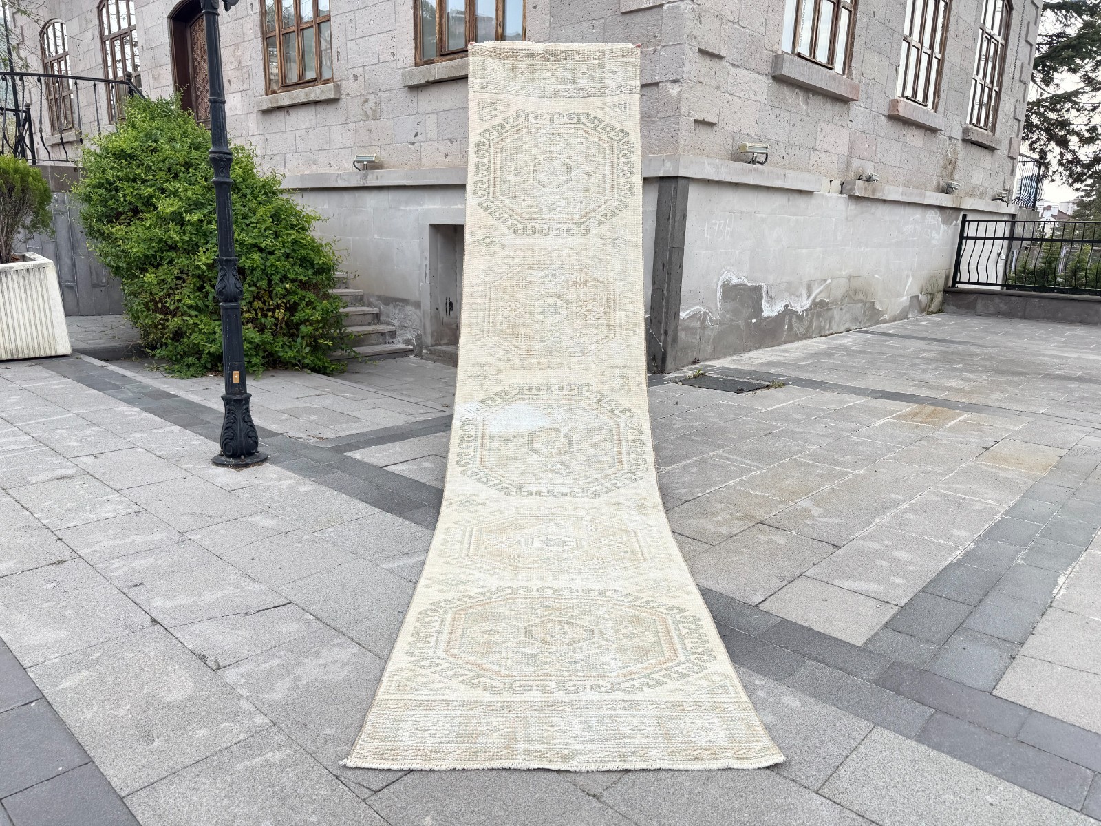 Vintage Turkish Oushak Runner Rug 2.7x12.4 ft Ivory Beige Hallway Wool gallery