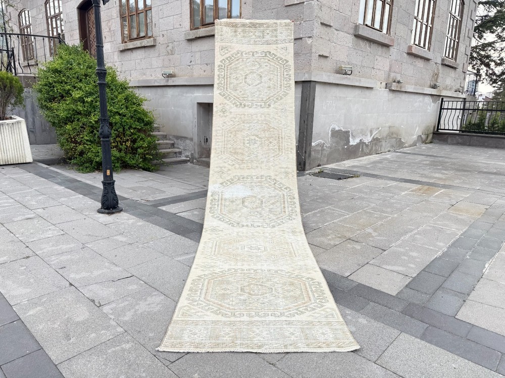Vintage Turkish Oushak Runner Rug 2.7x12.4 ft Ivory Beige Hallway Wool