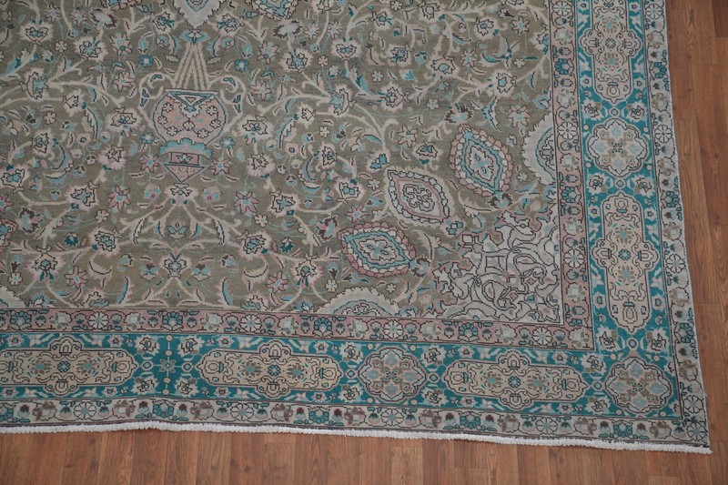 Vintage Muted Green Wool Tebriz Traditional Handmade Room Size Area Rug 9x13 gallery