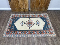 4×6 White Blue Red Pink Vintage Turkish Oushak Area Rug, Hand-Knotted Wool Rug