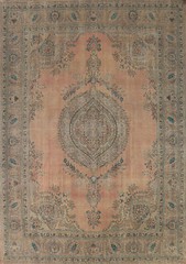 Vintage Muted Coral Floral Wool Tebriz Area Rug 10×13 Hand-made Room Size Carpet