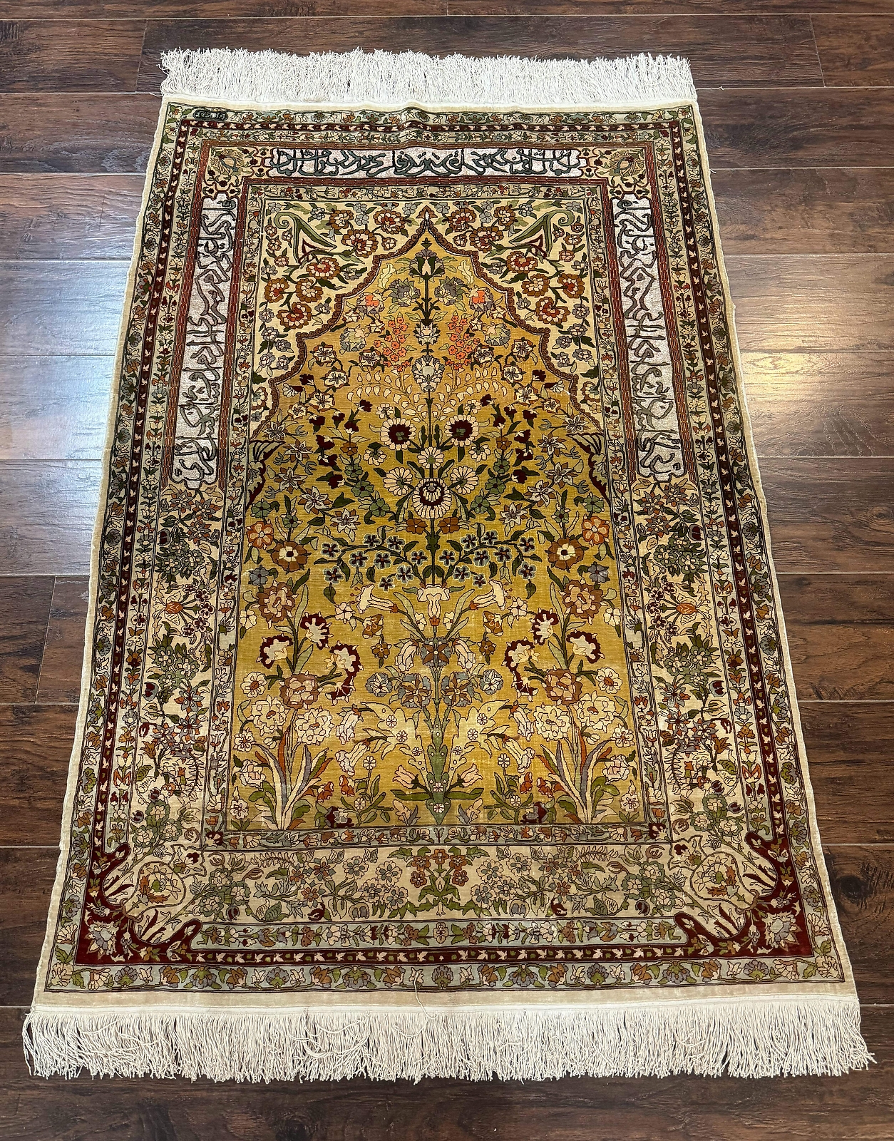 Silk Turkish Hereke Rug 3x5, Gold, Silk with Metal Threads, 700 KPSI gallery