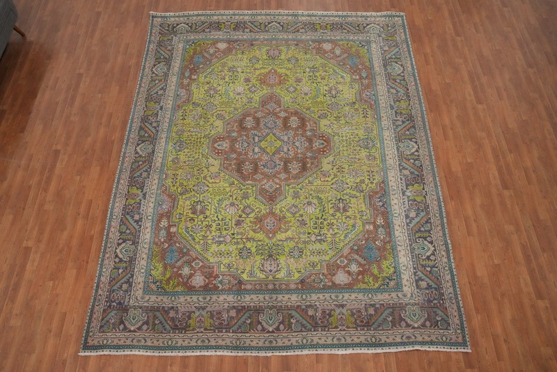Over-Dyed Light Green Geometric Traditional Hand-knotted Room Size Rug 10x13 gallery