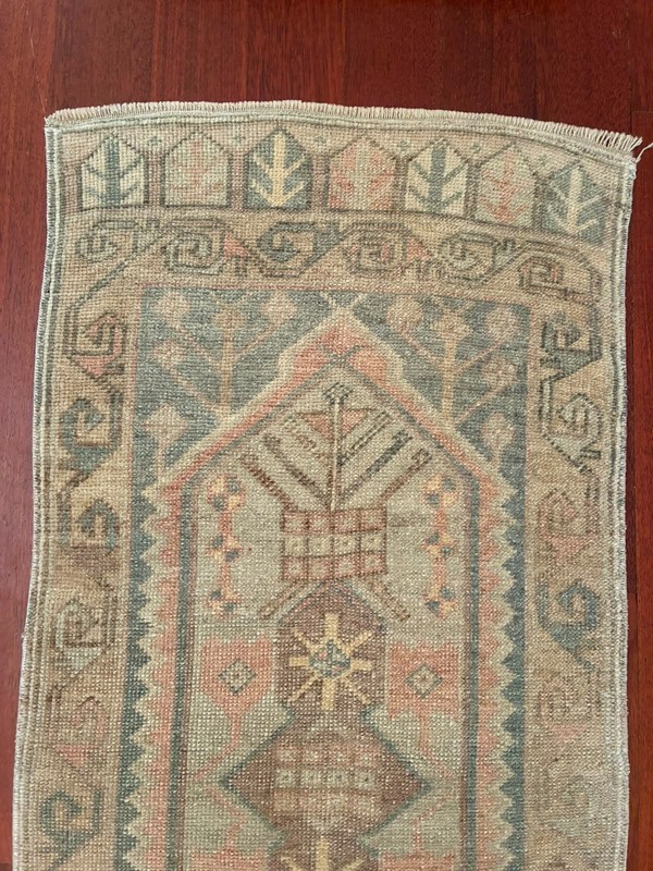 Vintage Turkish Rug 2x4 Small Runner Muted Sage Green Pink Wool Hand Knotted Mat gallery