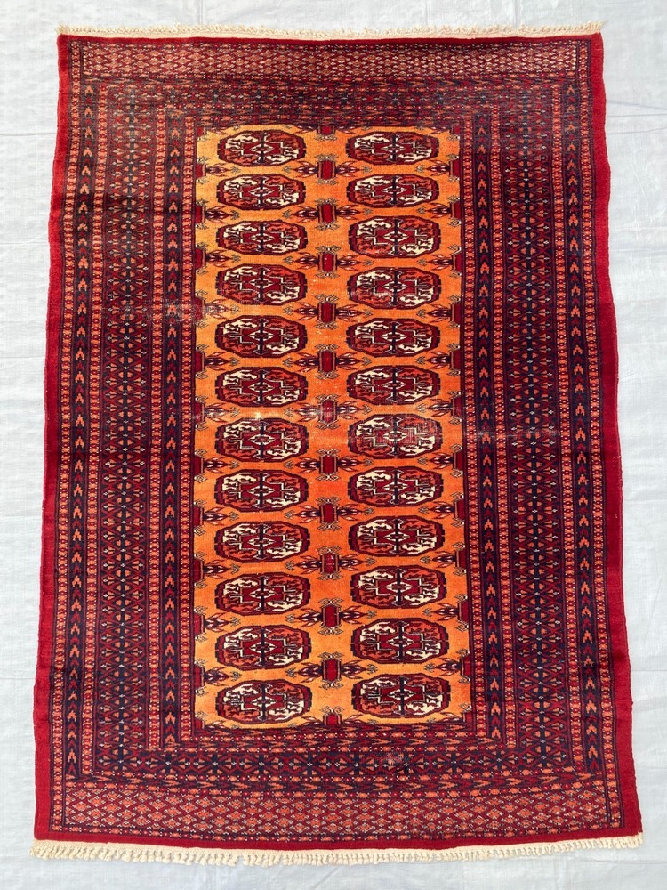 3x5 ft Geometric Turkmen Bokhara Small Faded Low Pile Antique Afghan Wool Carpet