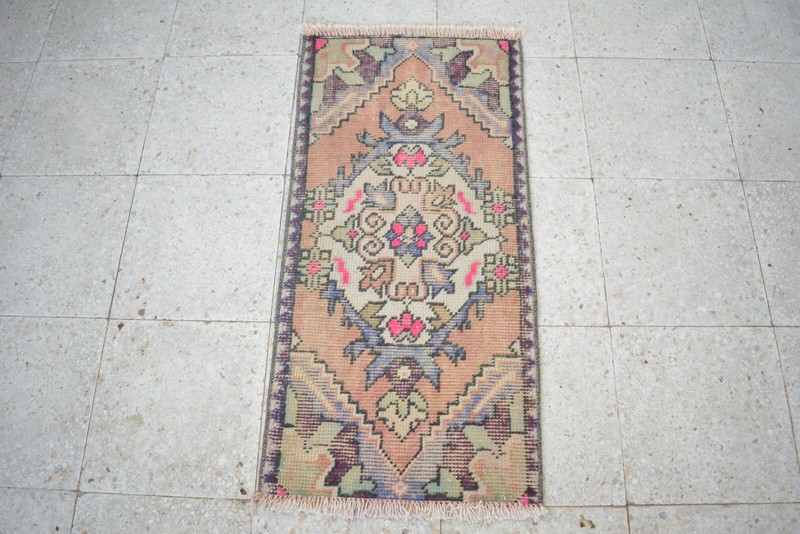 Pink Antique Turkish Hand Knotted Door Mat, 1.5x3.1ft, Multicolor Vintage Rug, gallery