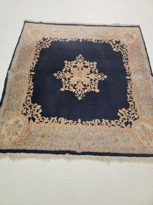 Antique Oriental Hand-Knotted Wool Area Rug Navy Blue/Terracotta/Beige 4' x 4'4" gallery