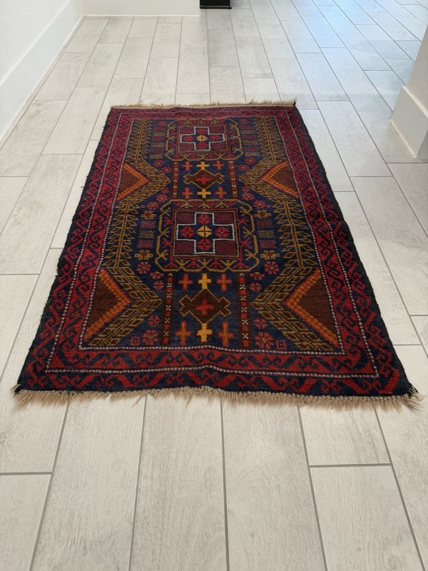 Antique Caucasian Kazak Rug Geometric Cross Medallion Red Navy Tribal Wool gallery