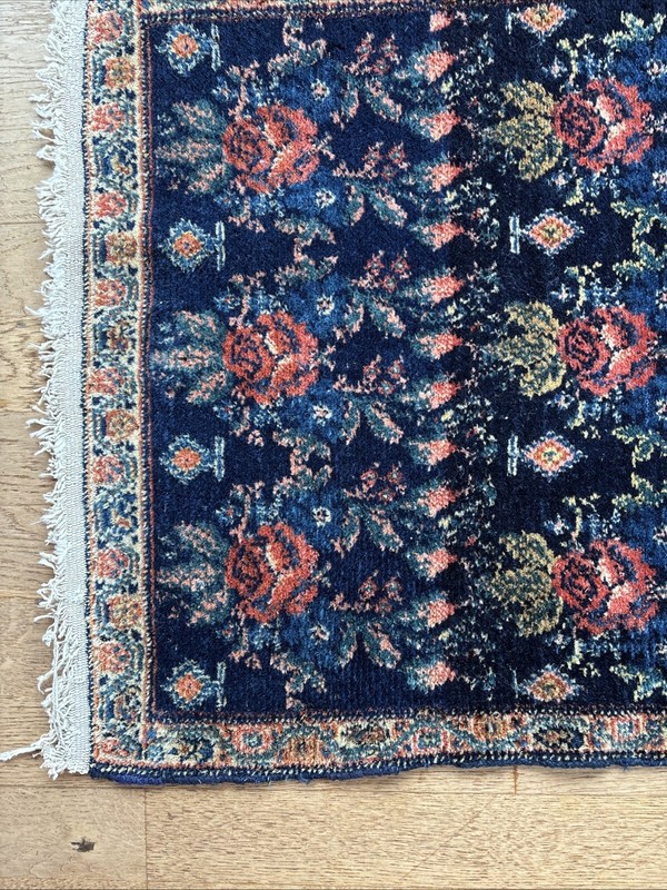 Fine Antique 2x3 Sennehh Rug C. 1910 Golfarang Flower pattern Navy Peach Ivory gallery