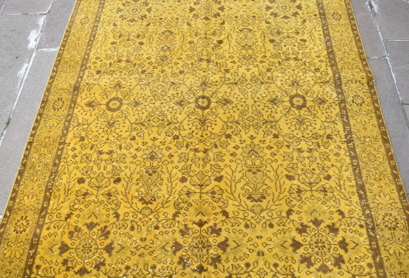 Vintage Turkish Rug 64'' x 113'' Anatolian Over Dyed Rug Painted Wool Area Rug gallery