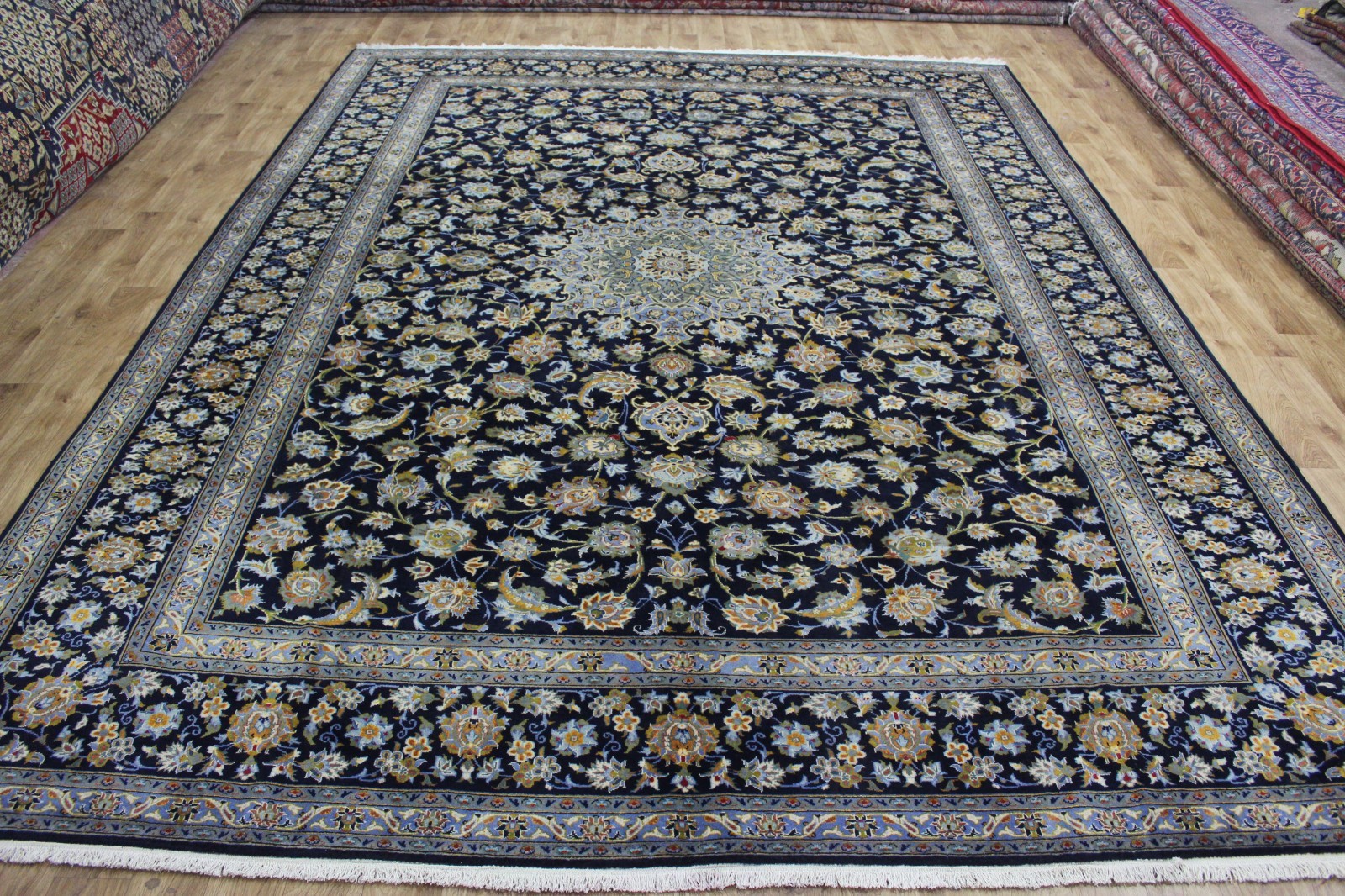 Large Fine Keshan Rug 405x302cm Hand Knotted Wool Signed Blue Floral Medallion gallery