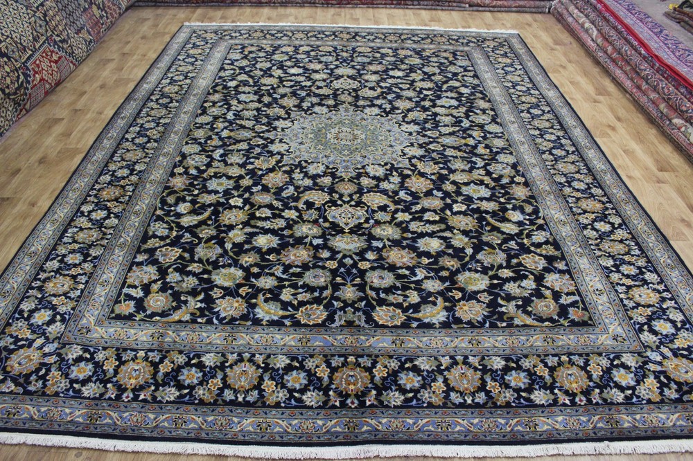 Large Fine Keshan Rug 405x302cm Hand Knotted Wool Signed Blue Floral Medallion