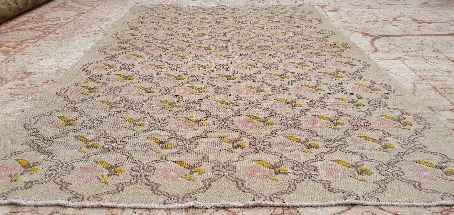 Antique 1930-1940's Natural Dye Distressed Wool Pile Oushak Area Rug 4'6" x7'2" gallery