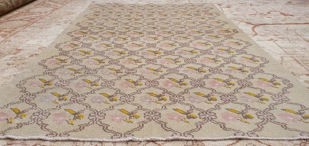 Antique 1930-1940's Natural Dye Distressed Wool Pile Oushak Area Rug 4'6" x7'2"