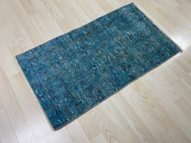 Antique Turkish Rug 1.5x2.8 ft Vintage Turquoise Blue Overdyed Wool Small Mat gallery