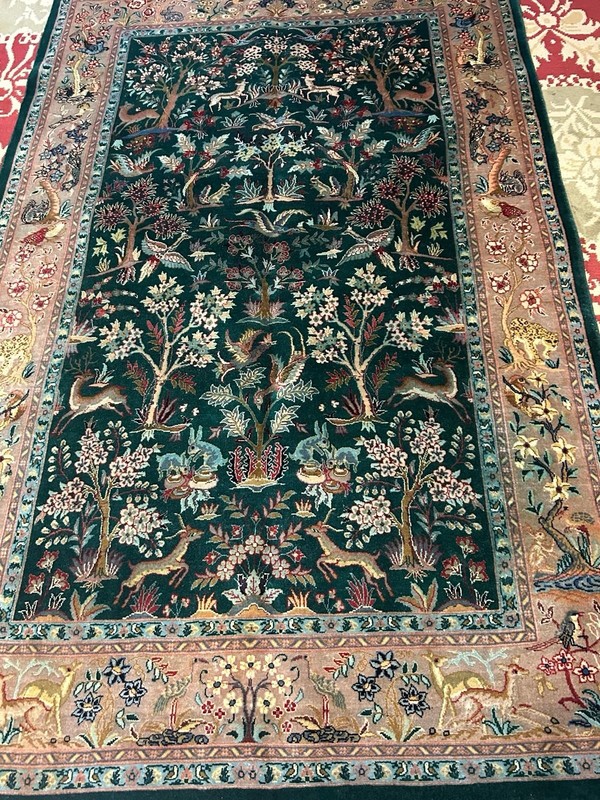 Rug 7.8x4.7 Feet Authentic Oriental Carpet Wool Silk Animal Motifs Handmade gallery