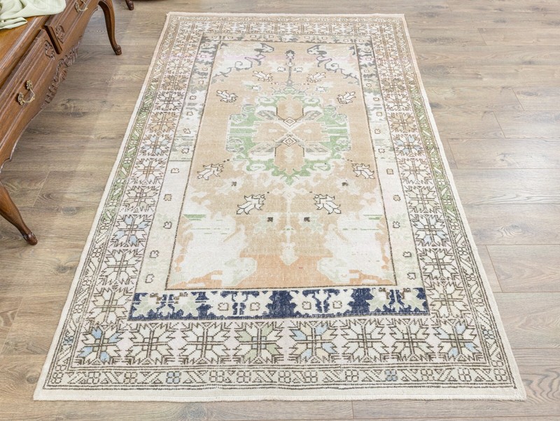 Hand-Knotted Vintage Tribal Faded Wool Rug 4.7x7.2 ft Oushak Turkish Area Carpet gallery